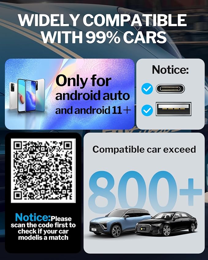 Wireless Android Auto Adapter for Factory Wired Android Auto Car, Converts Wired to Wireless, Compatible with Android 11+ & Cars from 2017, Black