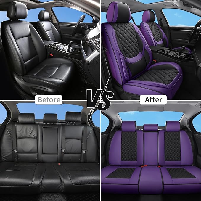 Car Seat Covers Front Seat Purple Black, Luxury Faux Leather Waterproof Non-Slip Seat Protector Universal Fit for Most Cars SUVs Trucks Pick-ups,Car Interior Accessories（Purple Black-Front）
