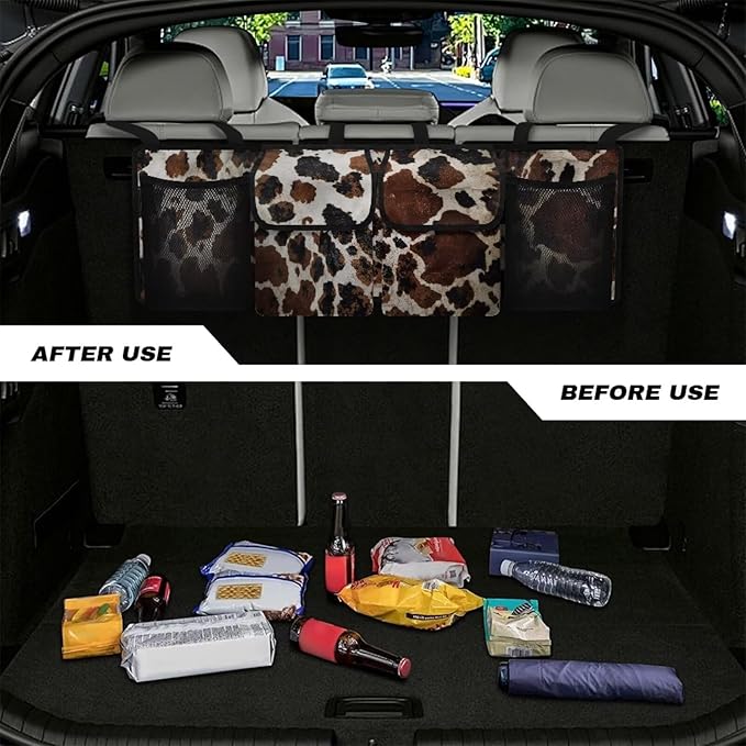 Cow Car Trunk Organizer and Storage, Backseat Hanging Organizer for SUV, Truck, MPV, Waterproof, Collapsible Cargo Storage Bag with 4 Pockets