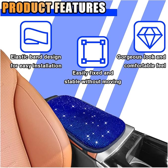 11.9''×8.4'' Bling Car Center Console Cover, Crystal Diamond Elbow Pillow Car Armrest Seat Box Cover, Soft Arm Rest Protective Cushion Pad for Women Girls, Auto Interior Decor for Car SUV (Blue)