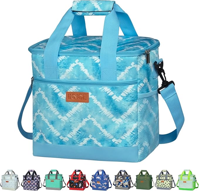 iknoe Large Cooler Bag Collapsible 24 Can Insulated Bags Leakproof Lunch Cooler Tote with Multi-Pockets for Adult Insulated Thermal Bag for Beach, Picnic, Office Work, Blue White