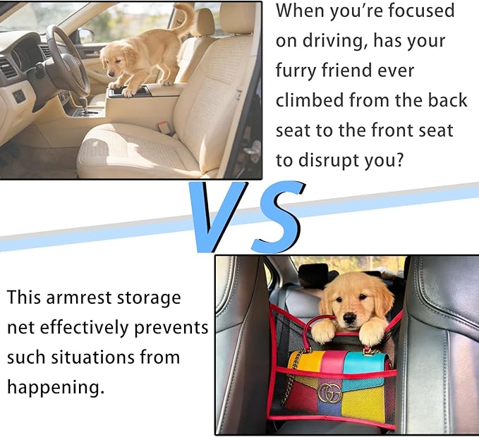 Car Storage Bag, Auto Net Pocket Handbag Holder, Driver Storage Netting Pouch for Document Phone Tissue Purse Storage, Organizer Mesh Bag Between Two Seats, Backseat Pets Barrier, Red