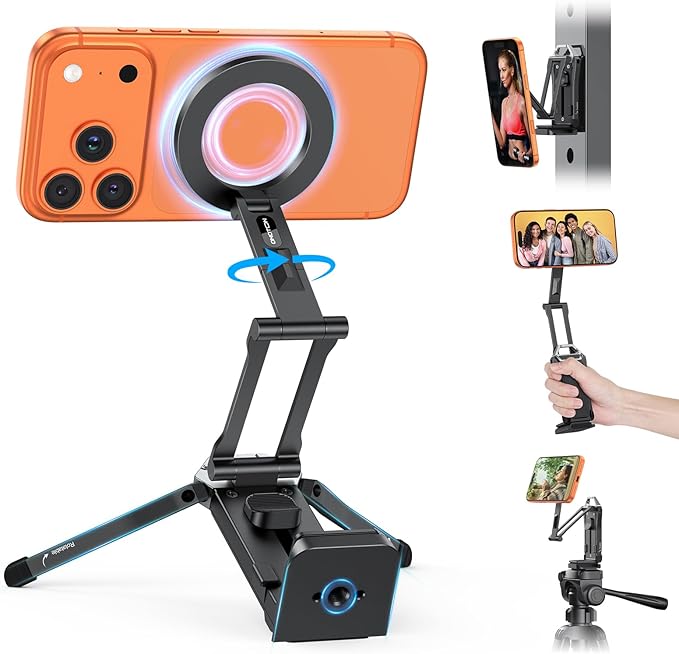 OMOTON TP02 360°Rotating for MagSafe Tripod, New Upgrade with 1/4" Screw Arca, Adjustable Magnetic Phone Tripod for iPhone 17/16/15 Pro Max Air, Foldable Selfie Stick Fits Vlog, Gym, Black Pro
