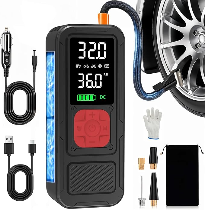 Y34 Tire Inflator Portable Air Compressor,4X Faster Inflation,10000mAh Cordless/12V DC 150PSI Air Pump for Car Tires with Digital Pressure Gauge/LED Light for Car,Motorcycle,Bike,Ball
