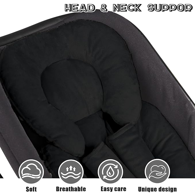 GFU Infant Car Seat Insert Head and Body Support, Reversible Newborn Insert for Carseat with Strap Pads, Soft Stroller Cushion Pillow Insert for Boys and Girls, Fits for Stroller, Swing, Black