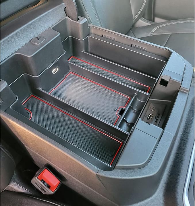 TOPINSTALL Red Center Console Organizer Compatible with 2019-2022 Silverado/Sierra 1500 and 2020-2023 Silverado/Sierra 2500HD 3500HD, Armrest Full-Size Tray (Full Console w/Bucket Seats ONLY)