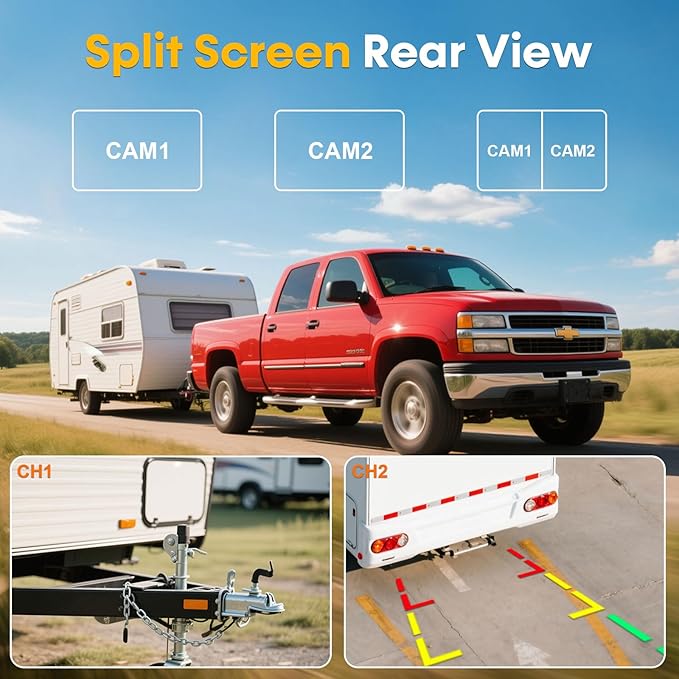 Dual RV Backup Camera System: 7" Monitor with Split Screen No Lag Easy Installation Plug and Play HD 1080P Rear View Camera Wired Kit IP69 Waterproof IR Crystal Night Vision for Truck Tractor R4