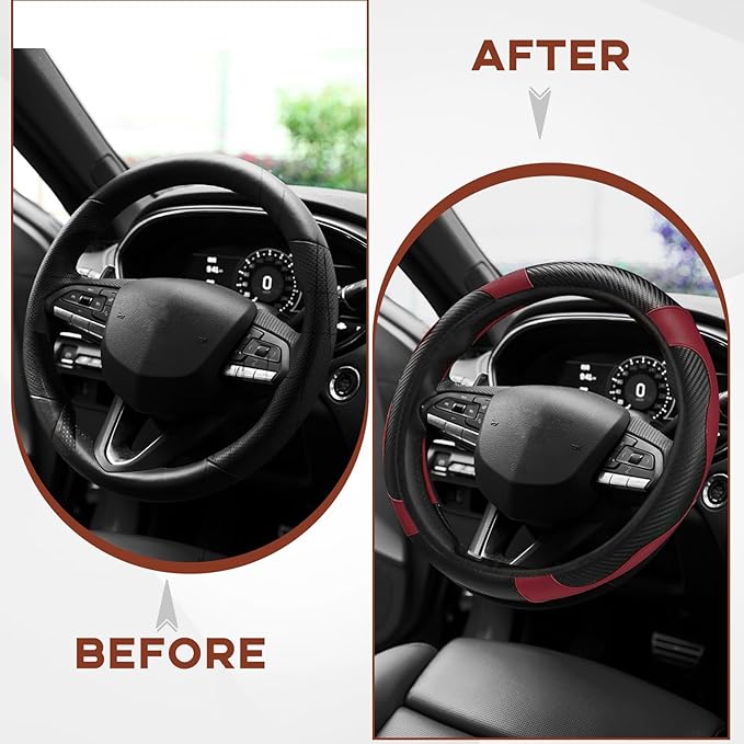 15" Car Steering Wheel Cover, Carbon Fiber Leather Stitching Elastic Steering Wheel Protector, Anti-Slip/Breathable/Durable/Soft, Interior Accessories for Most Cars (Carbon Fiber Black +Wine Red)