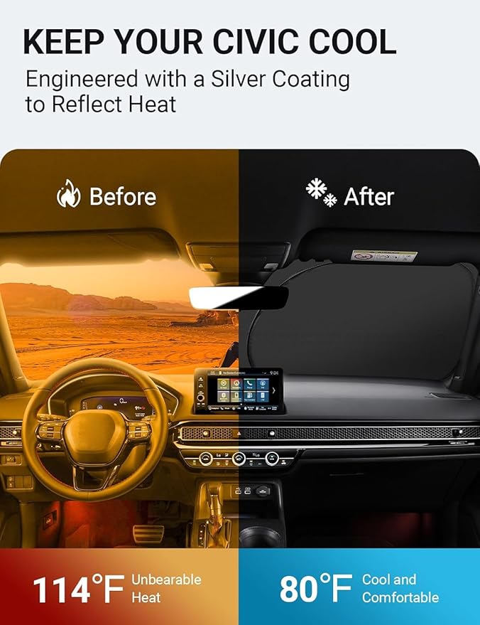 Proadsy 2026 Upgrade Windshield Sun Shade Custom Fit Honda Civic 2022-2025 2026 (Not for 2022 Sport) 4-Layer Foldable Front Sunshade Protector Sun Visor Blocks UV Rays Keep Car Cooler