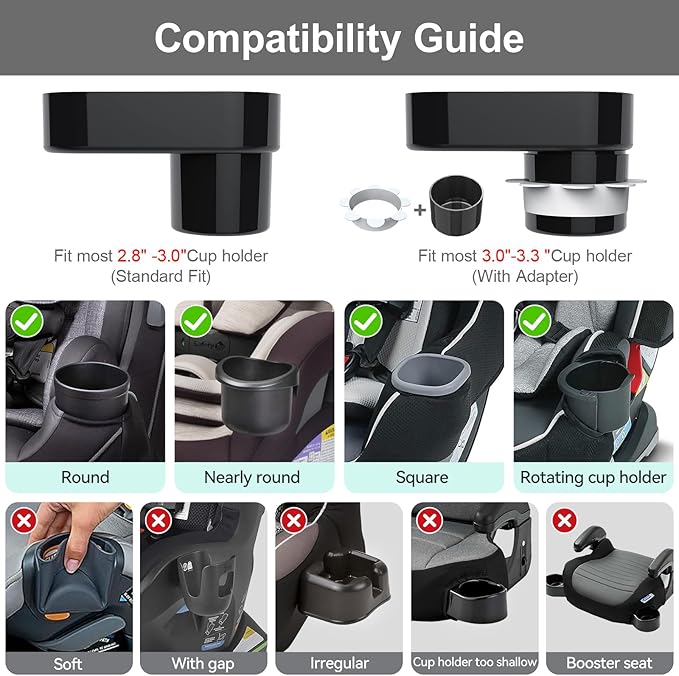 [2 Pack] Car Seat Snack Tray for Toddlers - 3 Inch Cup Holder Fits Most Sippy Cups & Straw Bottles with Dip Well, Mess-Free Square Kids Travel Tray Road Trip Essentials, Black, 2