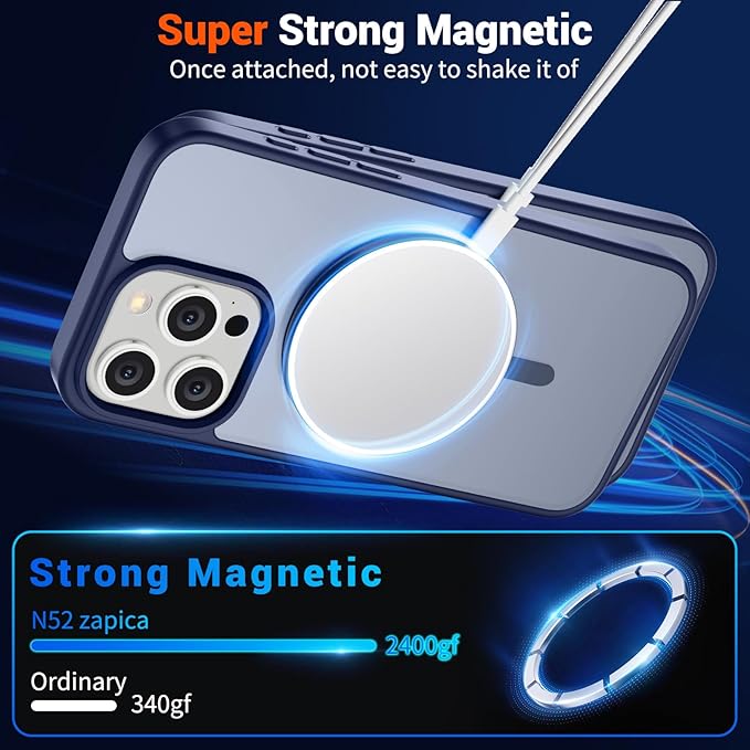 SUPFINE Magnetic for iPhone 15 Pro Case (Compatible with MagSafe) (Military Grade Drop Protection) Slim Translucent Matte Shockproof with Anti-Fingerprint Phone Case,Navy Blue