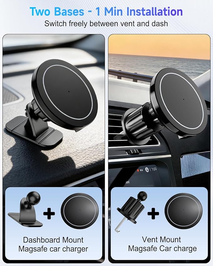 for MagSafe Car Mount Charger, 15W Fast Charging Magnetic Wireless Car Charger, [3000gf Ultra Magnet] Magnetic Phone Holder for Your Car, 360° Air Vent/Dashboard Car Bracket Stand for iPhone & Android