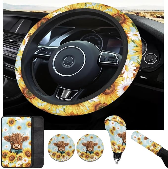 Highland Cow Print Car Accessories 6 Pcs Sets Sunflower Car Steering Wheel Cover Set for Men Women Cup Coaster Cars Armrest Cover Fits Most Cars Trucks Vans SUV
