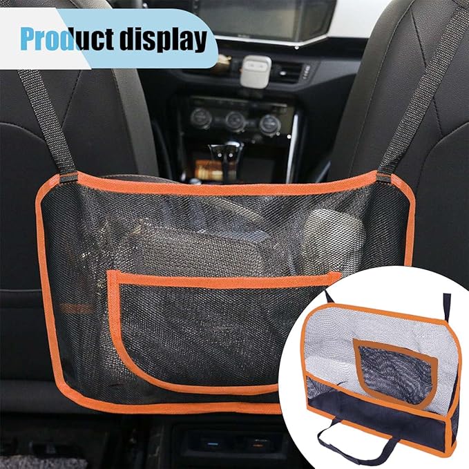 Car Net Pocket Handbag Holder, Car Purse Holder Between Front Seats, Driver Storage Netting Pouch for Backseat Pet Kid Barrier, Vehicle Storage Organizer Mesh Bag for Women Men (Orange)