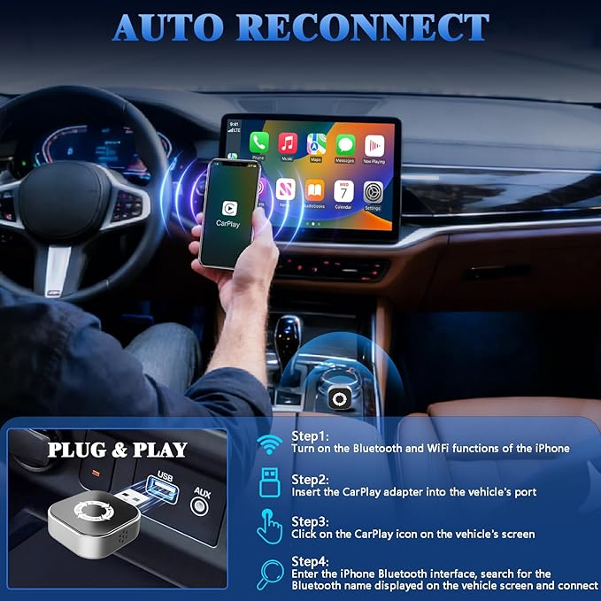 4-in-1 Wireless CarPlay Adapter for Apple CarPlay & Android Auto & AirPlay & MirrorLink, 2026 Upgraded Screen Mirroring Mini USB Adapter with Type-C Extension, Low Latency, Plug & Play