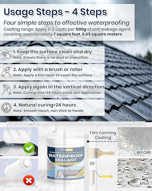 Waterproof Sealant 17.6oz Clear, TUFINEIN Transparent Waterproof Coating Water-Based Invisible Agent Roofs, Walls, Garden, Terraces Indoor & Outdoor