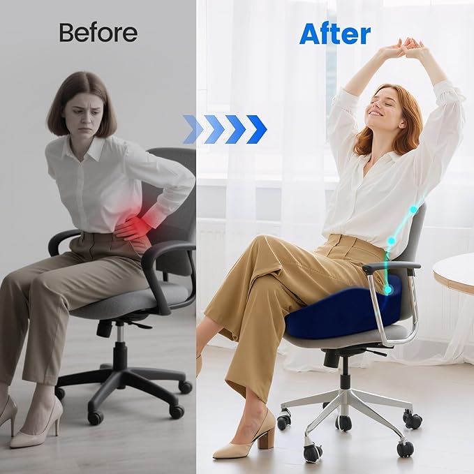 Seat Cushion with Carry Handle, Memory Foam for Tailbone/Sciatica Easing, Chair Cushions for Cars, Desks, Office Chair Cushion with Non-Slip Design, Ideal for Post-Surgery Recovery (Blue)