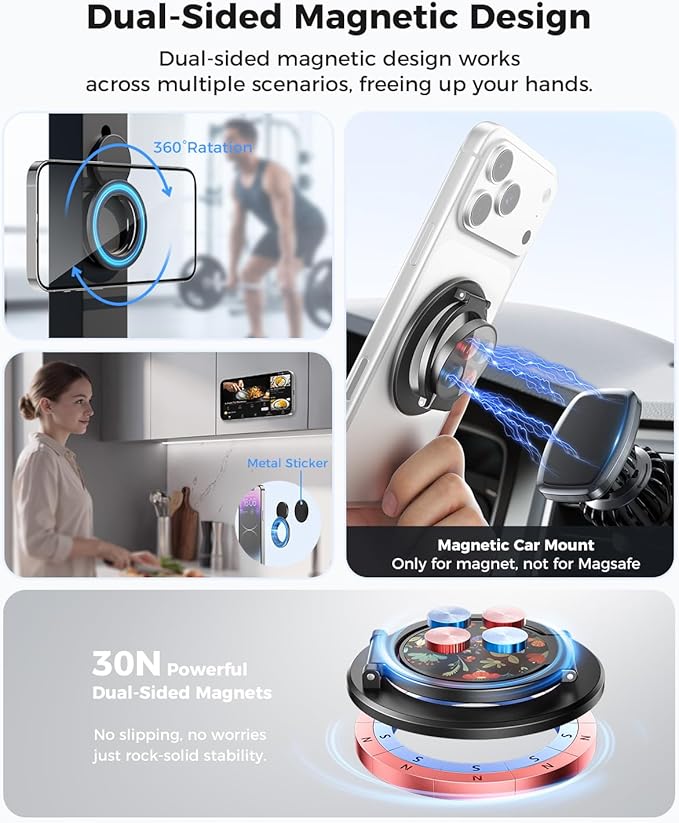 SUPERONE Dual-Side Magnetic Ring Holder, Ideal Gift Gym Phone Grip Kickstand with Cute Pattern for iPhone 17/16/15/14/13/12/ Series, Magsafe Case & Mag Car Mounts, Magnet Ring Included for All Phones