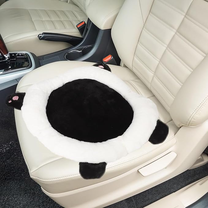 Cute Panda Car Seat Cushion with Lumbar Support, Rabbit Fur Round Pad, Black Auto Seat Pillow for Adults, Comfortable Cushion for Extended Trips and Travel