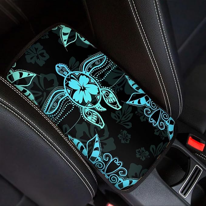 Suobstales Turtle Hibiscus Leaves Print Car Armrest Pad Soft Center Console Arm Rest Protector Cover Universal Car Interior Accessories Decoration