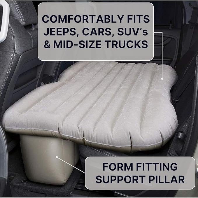 Pittman Outdoors Backseat Bed Air Mattress – 55” Rear Seat Air Mattress for Mid Size Trucks, Vans & Large SUV – Includes Pump, Pillow & Storage Bag – Inflatable Back Seat Air Mattress – DarkTan