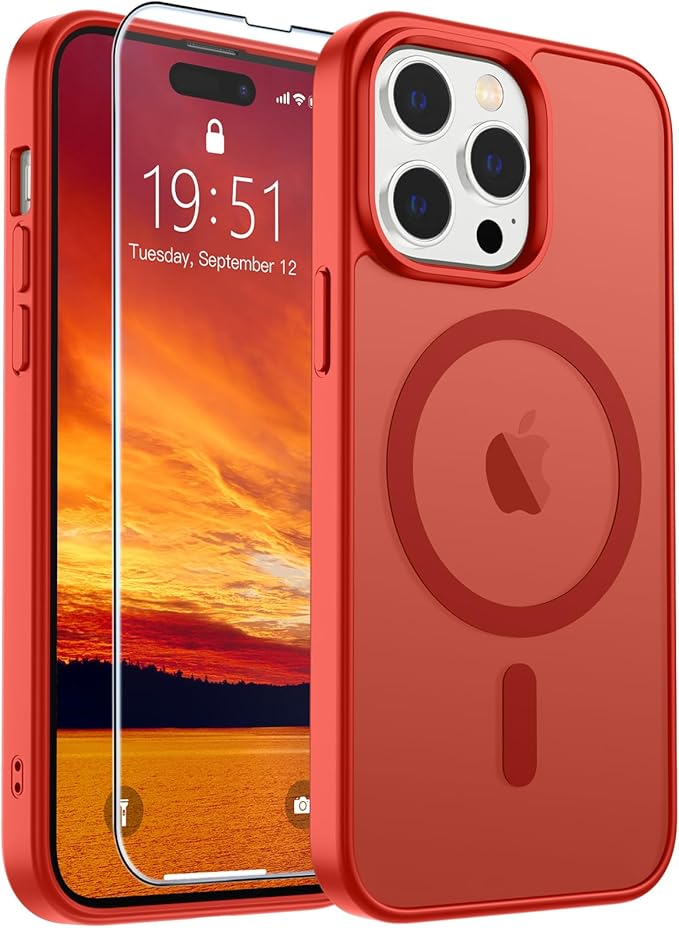 SUPFINE Magnetic for iPhone 14 Pro Case (Compatible with MagSafe) (Military Grade Drop Protection) Slim Translucent Matte Shockproof with Anti-Fingerprint Phone Case,Red