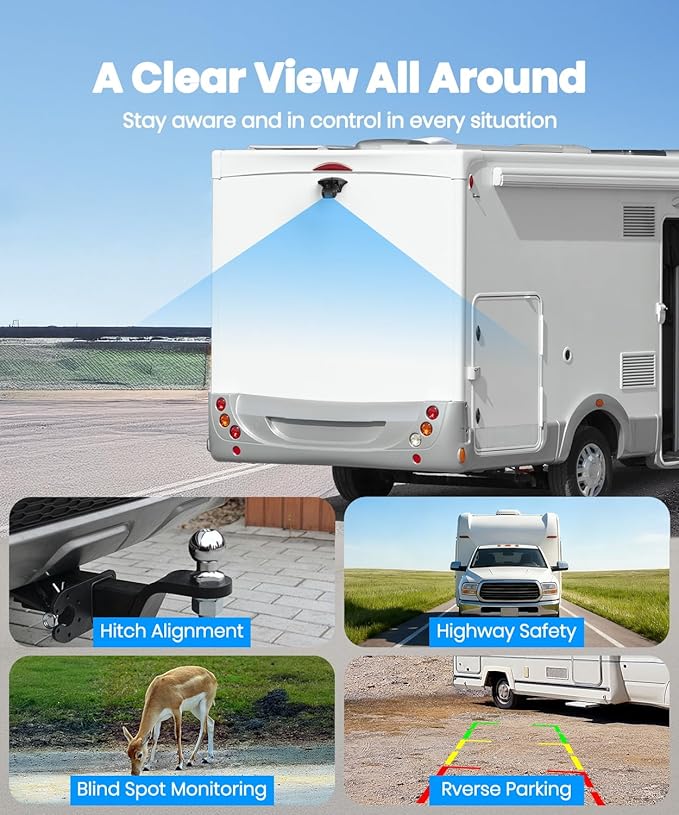 AUTO-VOX 7" Dual Wireless RV Backup Camera System: 2 Cams for Full Surround View, Plug & Play, 1080P HD Monitor, Night Vision & Wide Angle to Eliminate Blind Spots for Trailers, Campers, Motorhomes