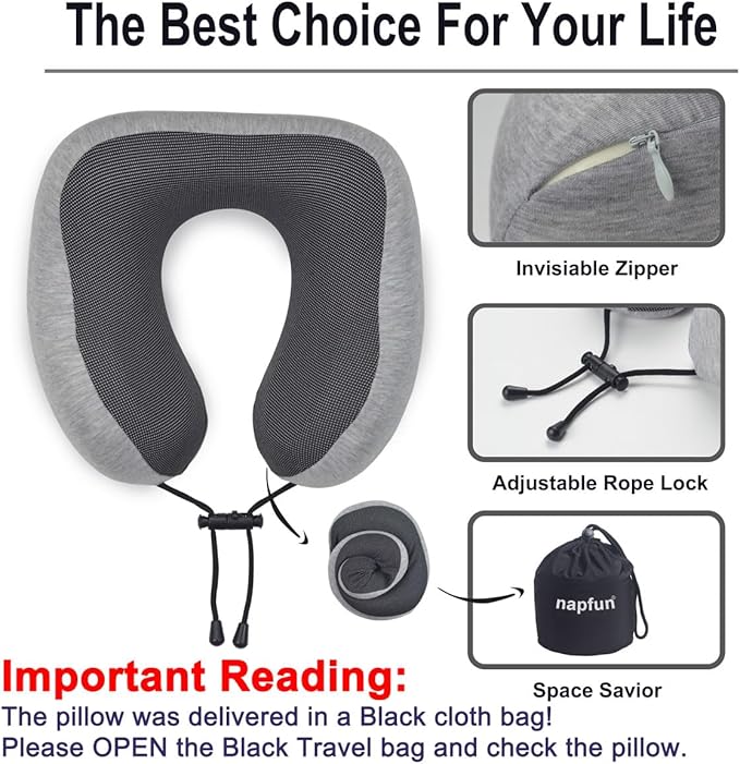 napfun Neck Pillow for Traveling, Upgraded Travel Neck Pillow for Airplane 100% Pure Memory Foam Travel Pillow for Flight Headrest Sleep, Portable Plane Accessories, Light Gray Kit