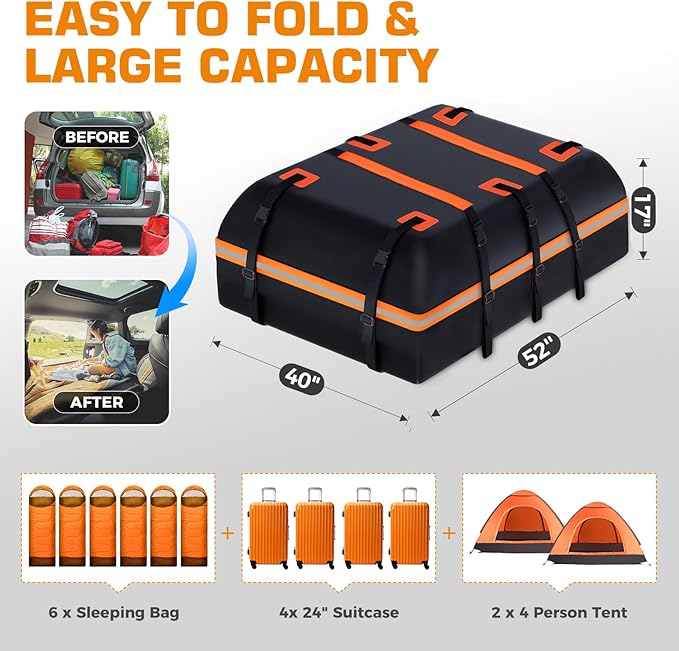Car Rooftop Cargo Carrier Bag, 20 Cubic Feet 100% Waterproof Heavy Duty PVC Car Roof Bag for All Vehicle with/Without Racks -Anti-Slip Mat, 8 Reinforced Straps, 6 Door Hooks, Luggage Locks (Orange)