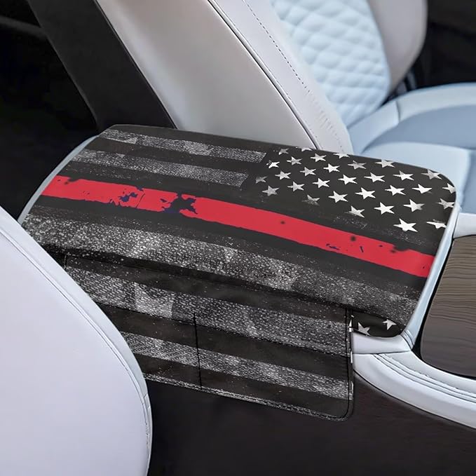Tupalatus Firefighter Flag Car Center Console Cover Non-Slip Armrest Cushion Cover Pad Easy Installation Car Armrest Seat Box Covers with Storage Pockets for Cars Trucks and SUVs