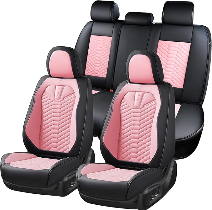 Coverado Seat Covers Full Set, Waterproof Nappa Leather Seat Covers for Cars, 5 Seats Universal Car Seat Protectors, Black and Pink Leather Car Seat Covers Car Seat Cushions Fit for Most Cars