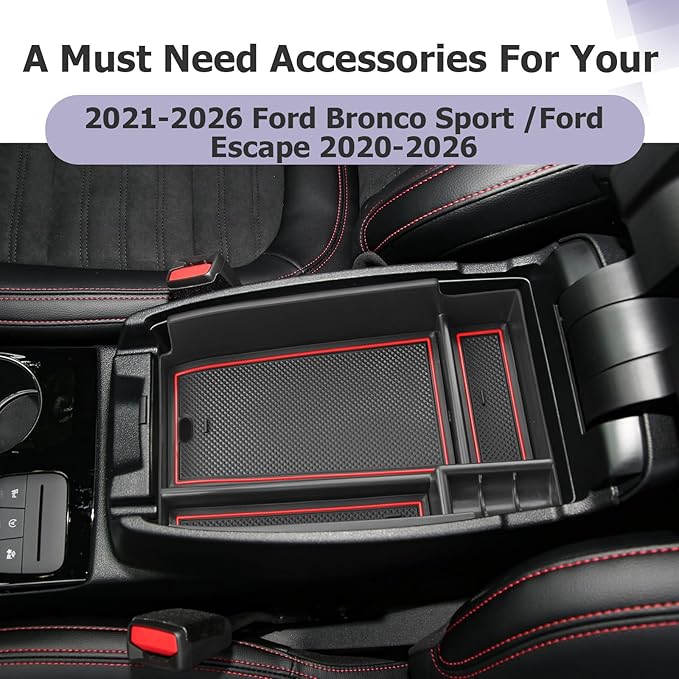 LUWU Center Console Organizer Compatible with Bronco Sport 2021-2026/Ford Escape 2020-2026 Accessories Armrest Console Storage Box Insert Tray ABS Material Black Coin Container Red
