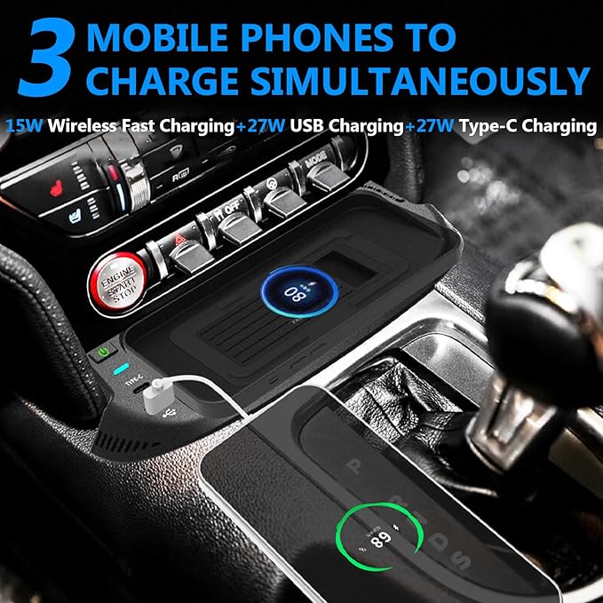 2025 New Version Car Wireless Charger for Ford Mustang 2015-2023 All Models, 15W Fast Charging Phone Tray with 27W USB + Type-c Port Qi Phone Wireless Charger, Black