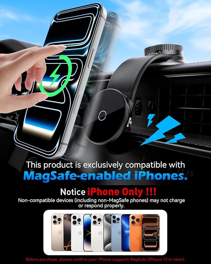 CloudValley Magnetic Car Mount with 15W Fast Charging, 360° Adjustable Bendable Aluminum Arm, Dashboard & Windshield Wireless Charger Phone Holder with Upgraded Silicone Adhesive Pad for iPhone