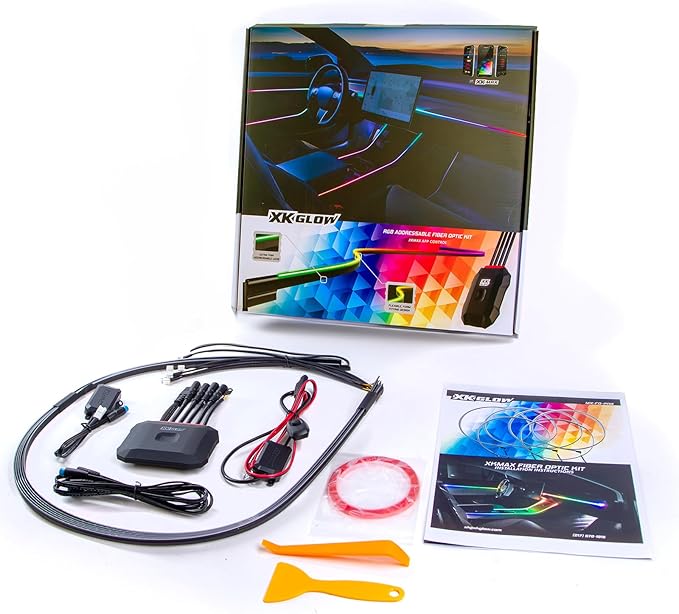 XKmax RGB Fiber Optic LED Interior Ambient Light Kit for Car & Truck | Color Chasing | App-Controlled (2pc 43" Strips)