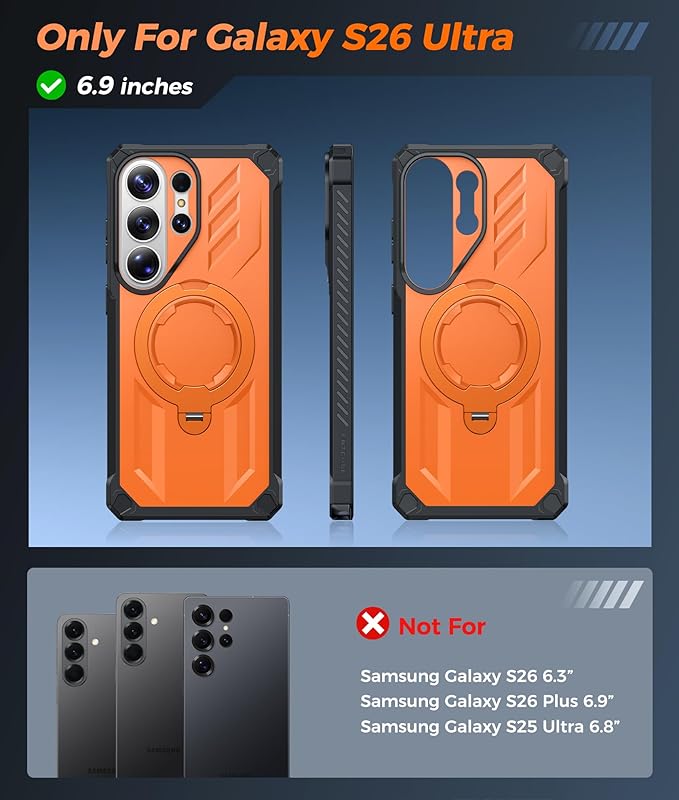 FNTCASE for Samsung Galaxy S26-Ultra Case: [360 Spin Magnetic Ring Kickstand] [Compatible for MagSafe] [Screen Protector] Heavy Duty Military Grade Protection Protective Phone Case with Stand Orange