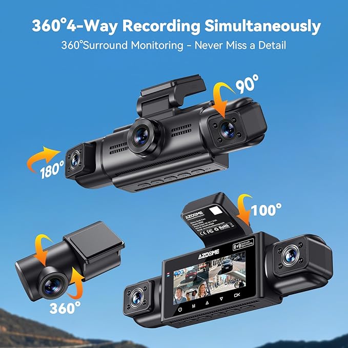 AZDOME 4 Channel Dash Cam 360°View,2K Dash Camera for Cars,Front and Rear Left Right Wireless Car Camera,Find My & APP Control,Built-in GPS 5.8G WiFi,Night Vision,24H Parking Mode,Free 64GB Card