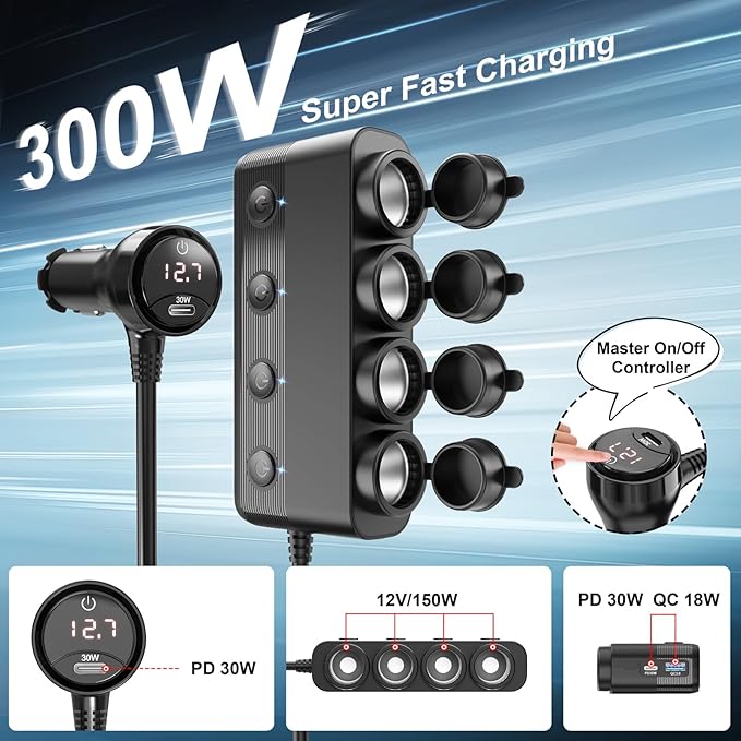 Qidoe Cigarette Lighter Splitter,300W 4-Socket Car Charger Adapter with Dual PD30W Type C & QC18W USB，12V/24V Car Splitter Adapter with Independent Switches & LED Voltage Display for All Car Devices