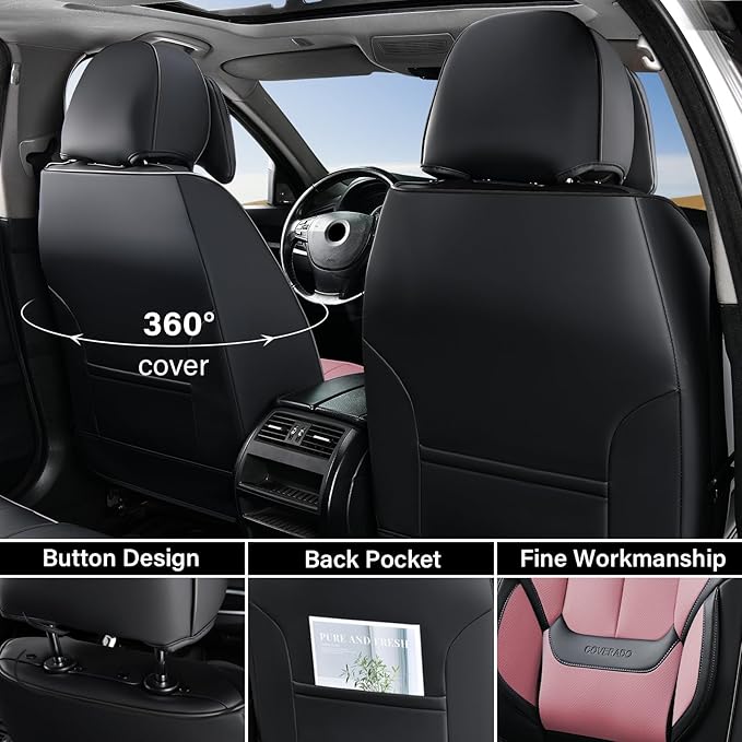 Coverado Universal Seat Covers Front, 2-Pack Universal Seat Covers for Cars, Waterproof Nappa Leather Car Seat Covers with Head Pillow, Auto Protectors Fit for Most Sedans Pick-up Truck-Black&Pink