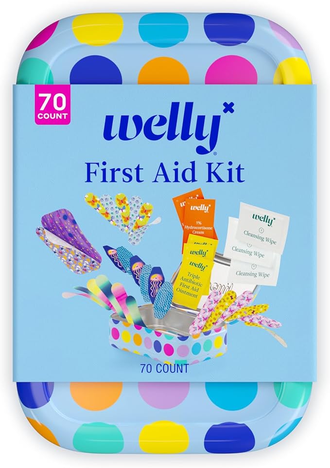 Welly First Aid Kit - Bravery Badges in Flexible Fabric and Waterproof, Singe Use Ointments Triple Antibiotic, Cleansing Wipes and Hydrocortisone - 70 Count