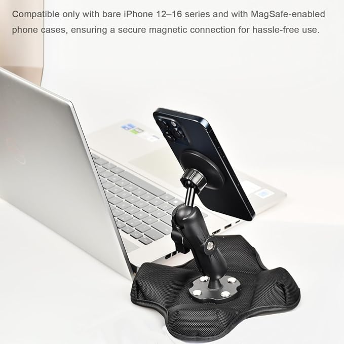 VAUBORTTI Magnetic Phone Holder for Desk&Car Dash,Aluminum Arm, Non-Slip Beanbag Base, 360° Rotation at 3 Points, Compatible with MagSafe iPhone 12-16 Series, Fits RAM B Size 1" Ball