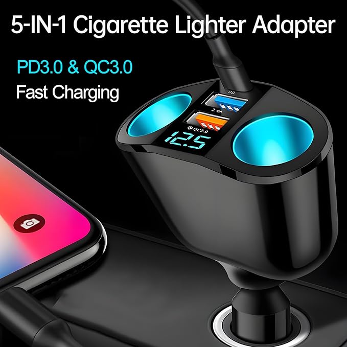 Cigarette Lighter Adapter, USB C Car Phone Charger Adapter with Voltmeter, QC3.0 & PD 24V Cigarette Lighter Splitter, 12V USB Outlet Car USB Charger Fast Charging for Phone Tablets Dashcam