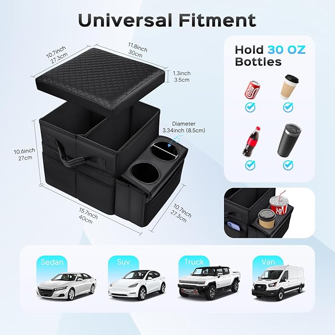 Foldable Bench Seat Center Console, Car Armrest Organizer Box with 2 Large Cup Holders & Massive Storage, Universal Portable Trunk Console Arm Rest for Car/Truck/Van/SUV Rear Organizers Back Seat