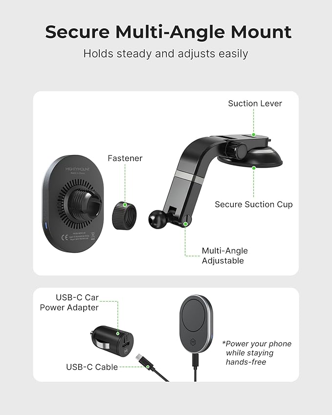 Wireless Car Charger Multi-Angle Adjustable Dashboard/Windshield Mount Smartphones, Magnetic Car Phone Holder, Fast Charging, Universal Dashboard Fit, Gifts for Mom