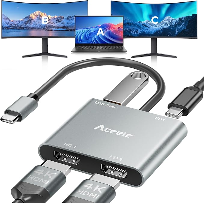 USB C to Dual HDMI Adapter 4K@60Hz, 4 in 1 Type-C Digital AV Multiport Adapter with 100W PD Fast Charge & USB-A Port, USB-C Hub for iPhone/MacBook Pro Air/iPad/Chromebook/Surface/Samsung and More