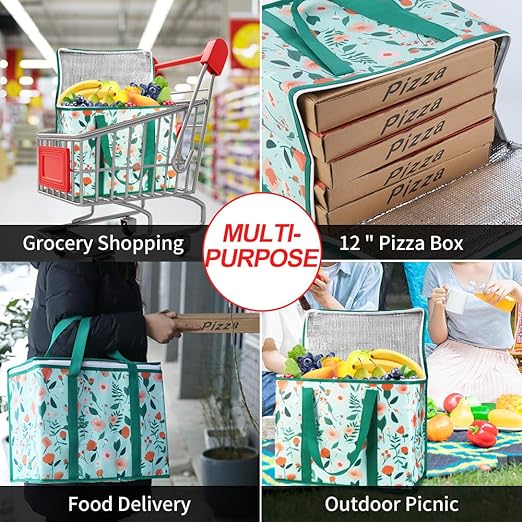 CIVJET 2-Pack Insulated Reusable Grocery Shopping Bags, X-Large Insulated Food/Pizza Delivery Bag for Delivery Drivers, Commercial Food Warmers, Tote Cooler/Thermal Bags for Travel, Picnic