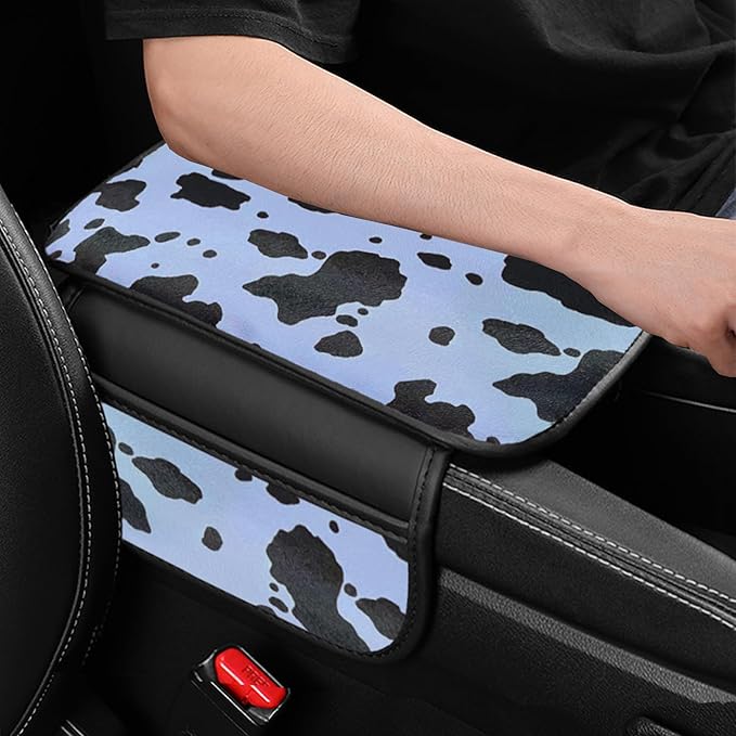 Cow Print Car Center Console Cover PVC Leather Armrest Cushion with 2 Storage Bags Universal Car Armrest Seat Box Pad Car Interior Accessories Protector for Women Men (Blue Black)