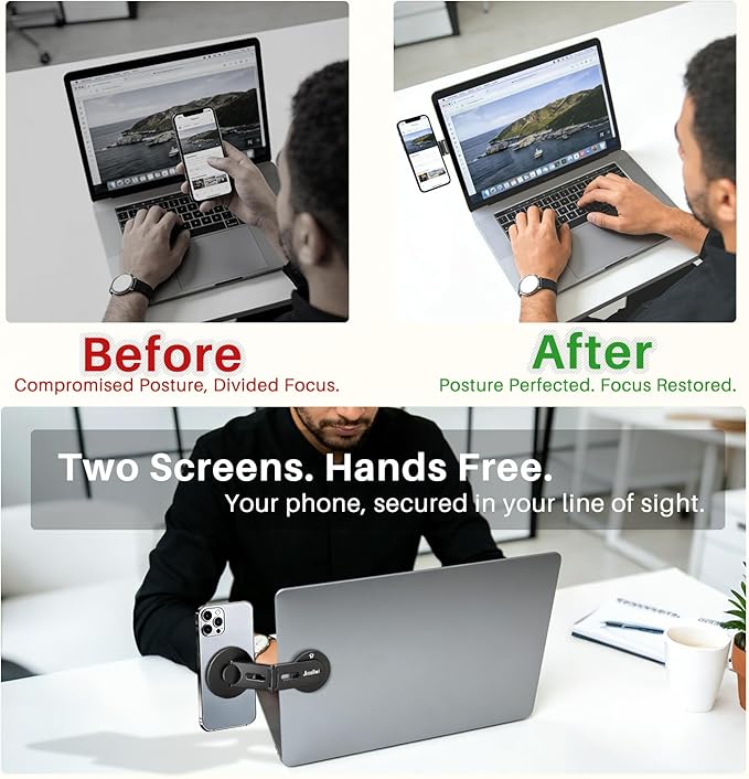 Invisible Adjustable Magnetic Laptop Phone Holder for Dual Screen, Foldable Continuity Camera Mount for Magsafe iPhone 12-7, Aluminum Monitor Side Mount Stand for MacBook, Tesla, iMac