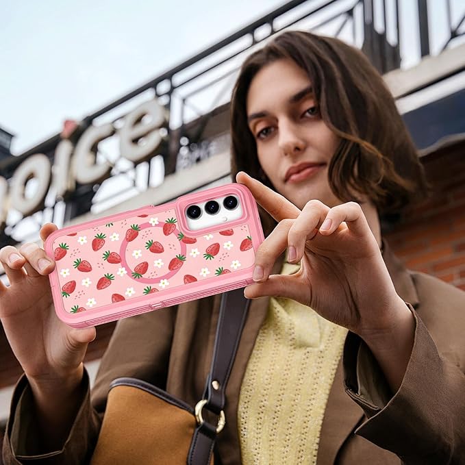 for Samsung Galaxy A15 5G Phone Case - Compatible with MagSafe Women Cute Girls Magnetic Protective Cover Strawberry Girly Kawaii Design Heavy Duty Shockproof for Samsung A15 5G Case 6.5"
