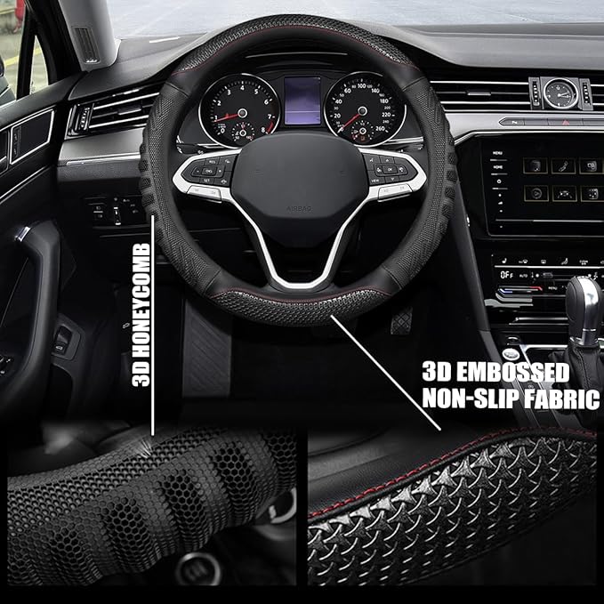 Car Steering Wheel Cover, Anti-Slip Leather Breathable Comfortable Automotive Steering Wheel Cover Protector Decoration for Men and Women, 15 Inch Universal for SUV, Truck, RV（Black）